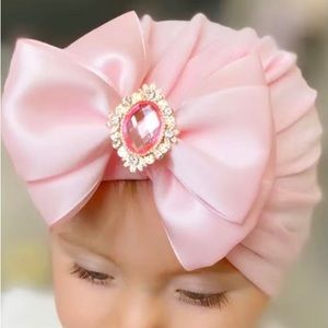 Baby girls bow knot rhinestone turban plain color pink hat NWT